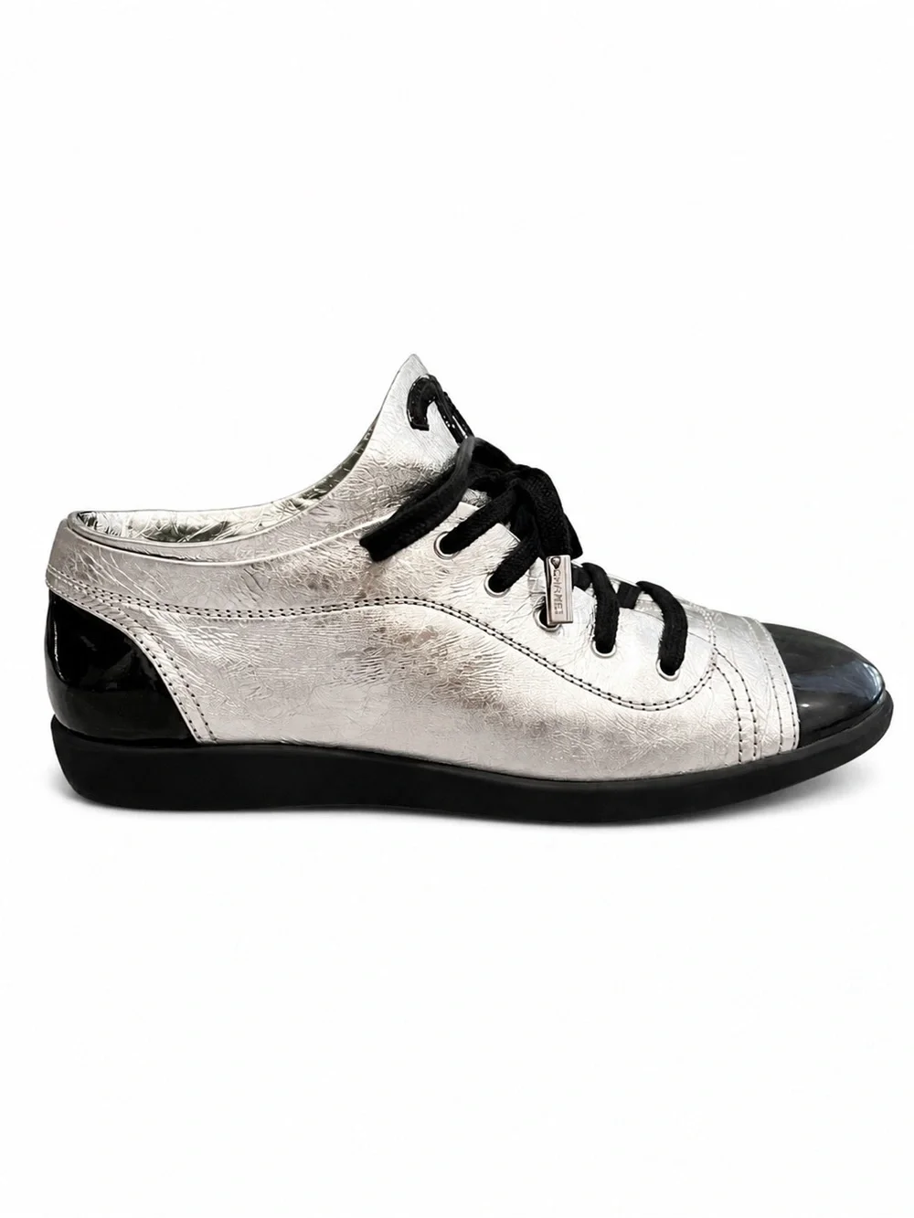 CHANEL Silver and Black Low-Top Lace-Up Sneaker